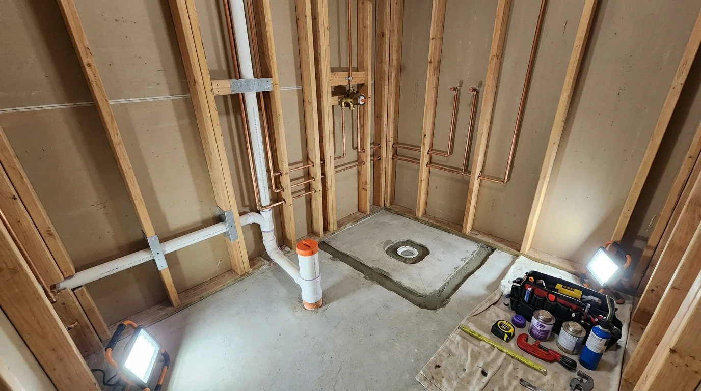 Bathroom rough-in plumbing during remodel by Johns Plumbing LLC in West Bend