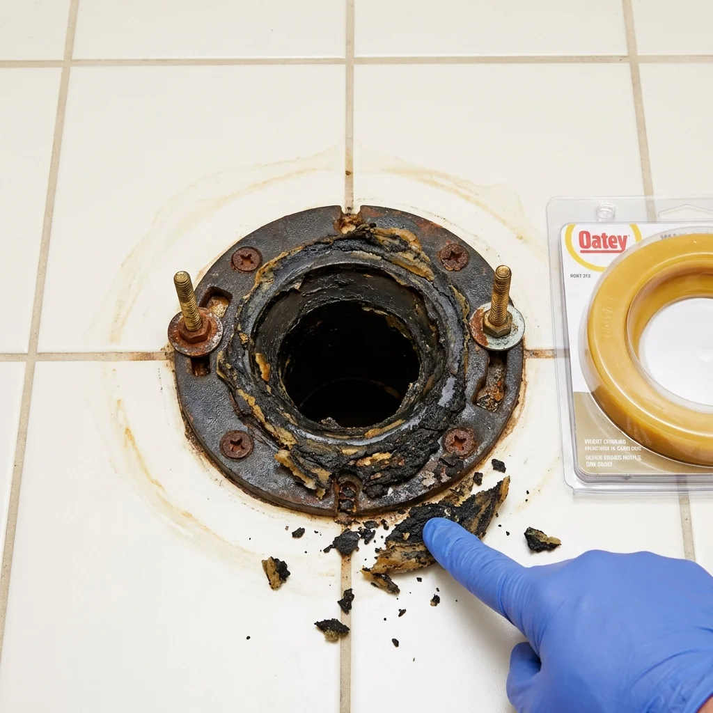 Failed wax ring showing water seepage at the base of a toilet in a West Bend, WI home
