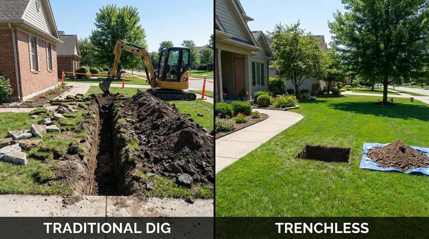 Trenchless sewer repair with minimal yard damage versus traditional excavation in West Bend, WI