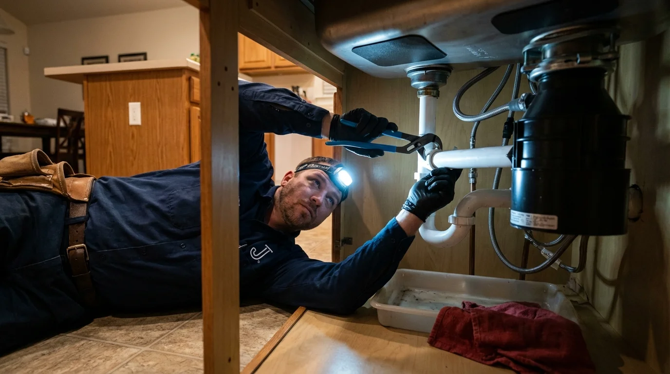 P-trap and supply line connections under a kitchen sink showing a common leak point in West Bend, WI